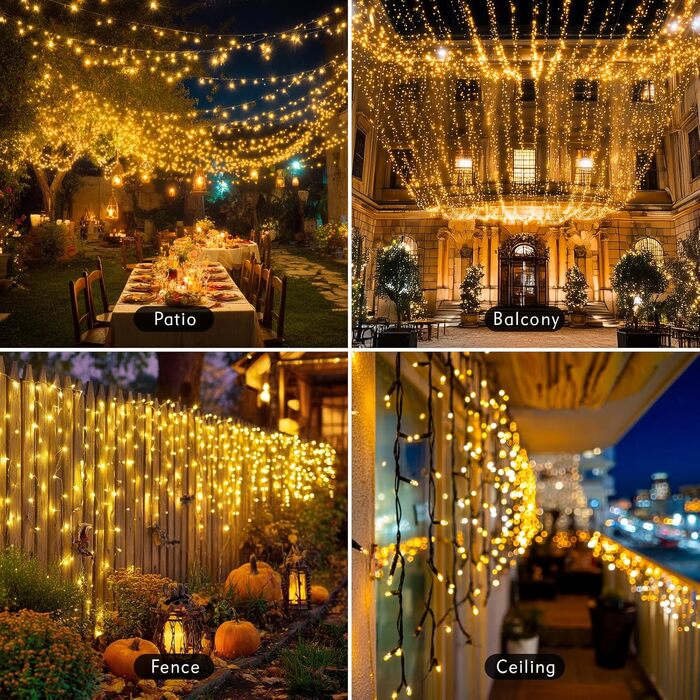 Ланцюжок прикрас для зовнішнього використання 60м, 530 LED, тепле біле світло. Ланцюжок для зовнішнього використання з таймером, 8 режимів, IP44, вологостійкий. Підходить для прикраси ялинки, саду, балкону, вечірки, весілля.