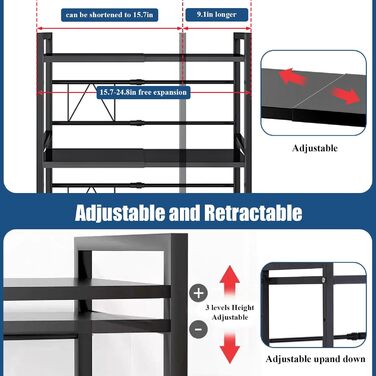 Регульована полиця для мікрохвильової печі, 3-рівнева розширювана стійка, органайзер для кухні з 6 гачками, з вуглецевої сталі, чорний