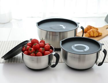 Rorence Stainless Steel Mixing Bowls with Pour Spout, Handle, and Lid, Set of 3, Black