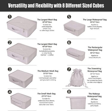 Органайзери для валіз: 8 комплектів, 7 кольорів. Організатори для подорожей, мішки для взуття, компресійні мішки. Сірий колір.