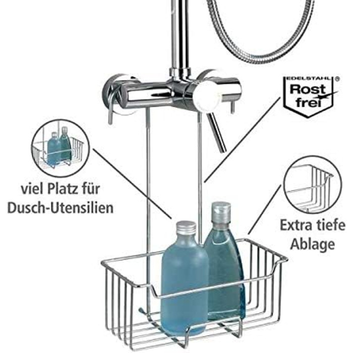 WENKO Thermostat Shower Caddy Model Milo, Shower shelf for hanging on the faucet, shelf made of stainless steel (rust-proof), 25 x 36 x 14 cm, Polished