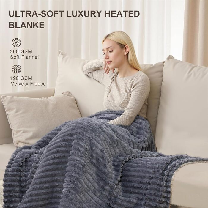 Електрична ковдра Nalome з автовимкненням 160*130 см, 9 температурних режимів, таймер 12 годин, захист від перегріву, пральна машина, фланцель, сіра