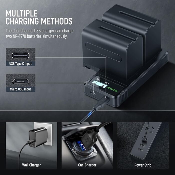 Зарядний пристрій NEEWER Dual USB з 2 шт. акумуляторами 6600mAh NP-F970, швидка зарядка для Sony NP-F970 F960 F950 F770 F750 F570 F550, Handycam, LED-ліхтарі, моторизовані слайдери NEEWER