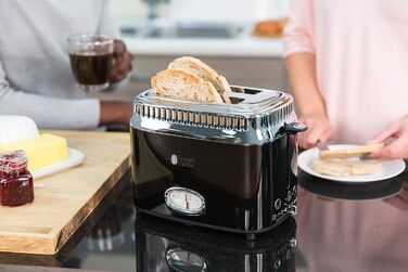 Russell Hobbs Toaster [for 2 slices] Retro Stainless Steel Black (Retro-style countdown display, including bread roll attachment, 6 browning levels + defrost & reheat function, 1300W) Vintage 21681-56