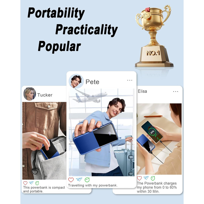 Портативний зарядний Power Bank 10000mAh, 22.5W, PD USB-C, для iPhone, Samsung та інших. Чорний/Синій