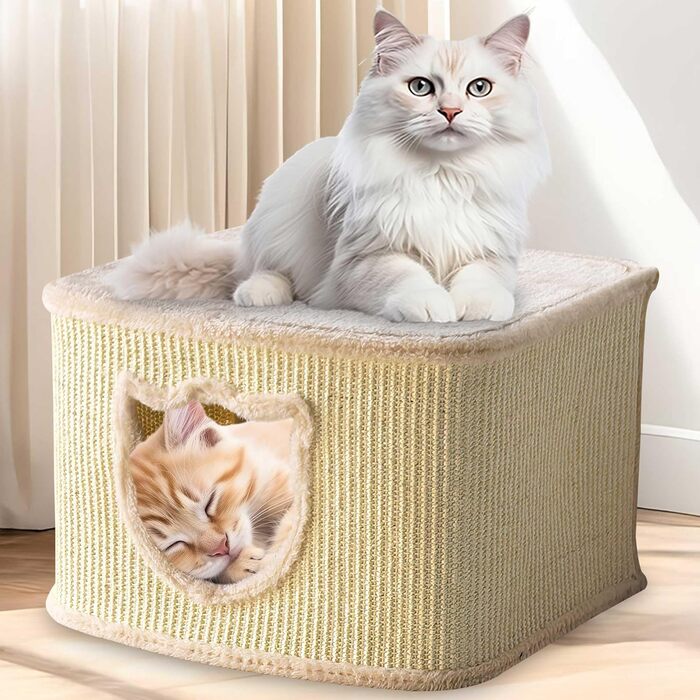 Преміум котячий будиночок Zooprinz – котячий кошик для кота – з товстими сизалевими стінами – затишна печерка з м'яким плюшем та іграшкою – котячий бокс у скандинавському стилі (Бежевий)