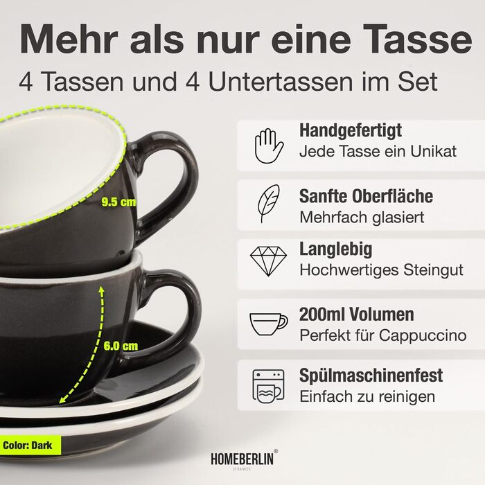 Набір кавових чашок Barista Pro Cappuccino, 200 мл - Преміум якість, ручна робота (4 шт.)