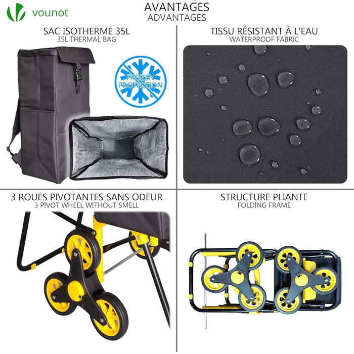 VOUNOT Shopping Cart with Stairs Climber, Cooler Compartment & Folding Seat - 3-Wheel Folding Grocery Cart (40L)