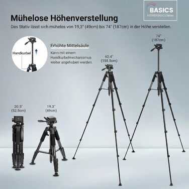 Полегшений алюмінієвий штатив для камери та смартфона NEEWER Basics TP56, професійний компактний трипод для подорожей з 3-позиційною нахильною головкою, висота 188 см