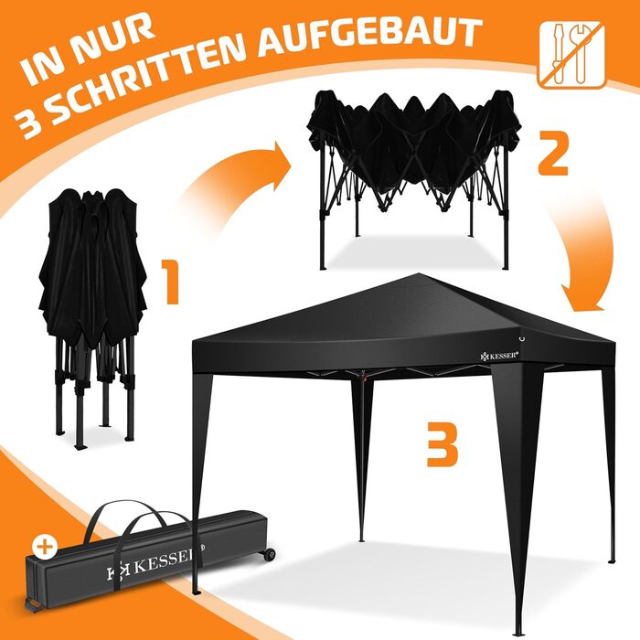 KESSER® Gazebo Folding Gazebo Lighting | Pop-Up Garden Gazebo Adjustable Height Stable Waterproof Winterproof | Party Tent Event Tent UV Protection 50+ incl. Remote Control & Bag (3x3m, Black / Black)