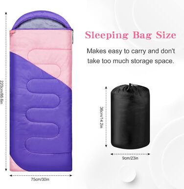 Yarmiene 3-4 Season Sleeping Bag - Warm & Rectangular for Adults & Kids - Outdoor, Camping & Hiking - Purple & Pink