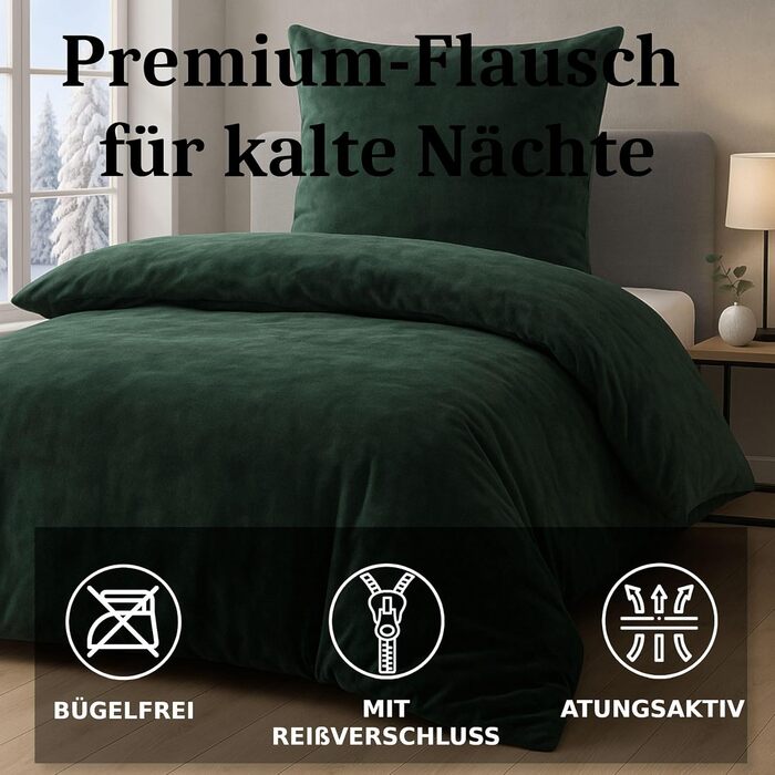 Комплект постільної білизни MALIKA Winter Plüsch, 3 шт., 135x200, 155x220, 200x200, нічний ведмедик, кашемір, кораловий фліс, темно-зелений