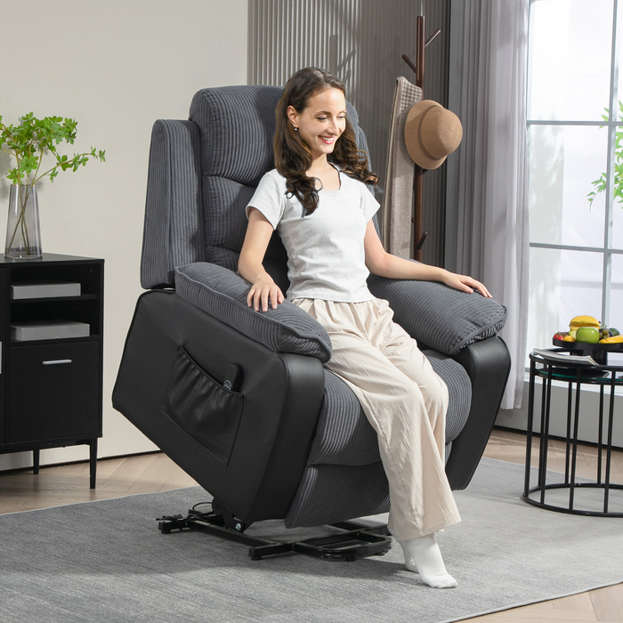 HOMCOM Power Lift TV Chair with Lifting Assistance, Electric Recliner with Lie-Flat Function, Pocket Spring, TV Chair with Footrest, Side Pocket and Remote Control, Dark Grey | Aosom