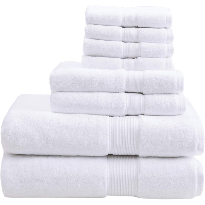 Luxurious Turkish bath towels, 800 g/m², 100% cotton, highly absorbent, long, oversized, linen-cotton blend, bath towel set, 8-piece, including 2 bath towels, 2 hand towels, and 4 washcloths, white