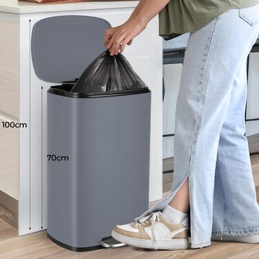 Відро для сміття LIFERUN 30л з кришкою, з м'яким закриттям, сталеве, з внутрішнім відром, для кухні, ванної кімнати, офісу (L-50L, сірий)