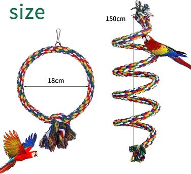Aedcbaide Bird Toy for Parrots 2 Pack, Bird Parrot Toy Parakeets Hanging Toy Bells Swing 150 cm and 17.8 cm Diameter Bird Swing for Canaries, Cockatiels Hanging