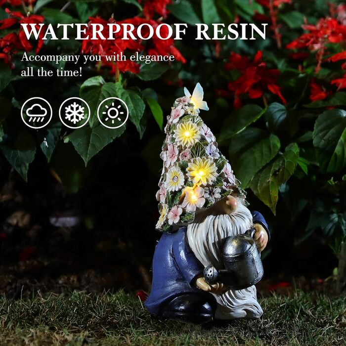 Lewondr Solar Garden Gnome Outdoor Garden Decor, Waterproof Resin Gnome Garden Figurine with Watering Can, Sculpture Garden Decoration with Warm Light Gift for Lawn Yard Patio Veranda