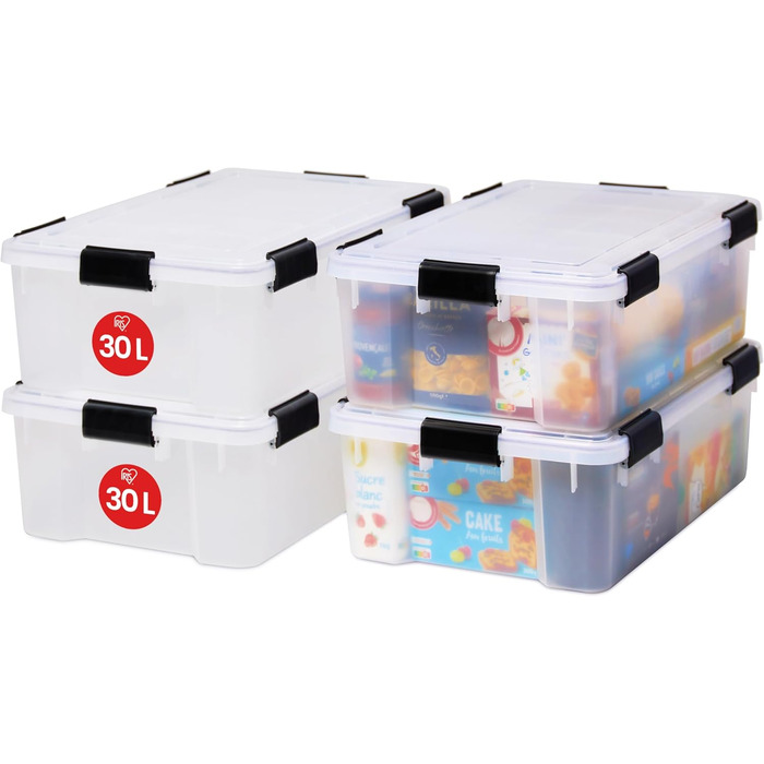 Iris Ohyama Airtight Plastic Storage Boxes with Lids, 50L, 4-Piece Set, Airtight and Waterproof Seal, Robust Snap Closures, Stackable, Dustproof, BPA-Free, DDAT-L (Transparent, 30L x4)