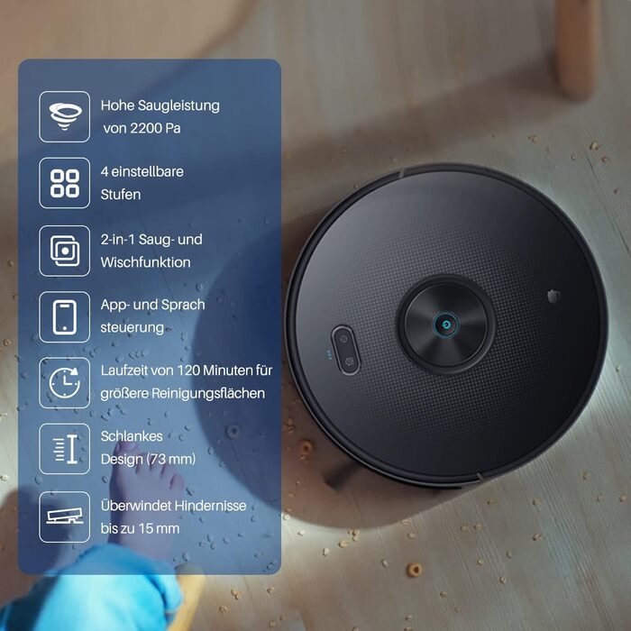 Робот-пилосос Chuango RV-500 з функцією миття підлоги, 4 режими, 500 мл контейнер для сміття, 300 мл бак для води, 2200Pa, до 150 хв роботи