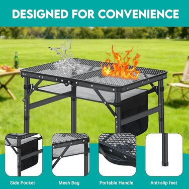 Складний кемпінговий стіл для пікніка, грилю, саду, пляжу 60x40x26.5/41.5/67.5 см, регульована висота, чорний