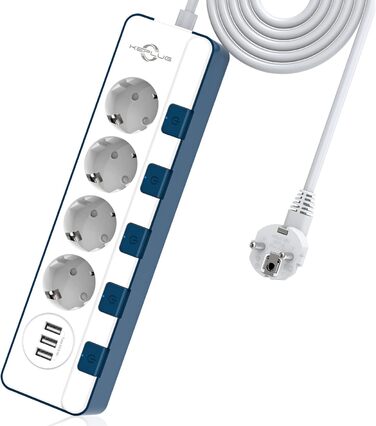Мережевий фільтр KEPLUG з 6 розетками та 3 USB-портами (4000W, 16A), блакитний, з дитячим захистом, 2 м кабель