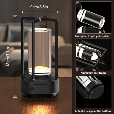 LED настільна лампа Hapfish бездротова, акумуляторна, 3000mAh, USB, з кришталем, водонепроникна, з ручкою, регульована яскравість, для ресторану, вулиці, спальні, вітальні (чорна)