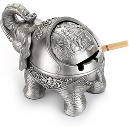 BSTKEY Vintage Ashtray with Lid – Elephant Shape, Table Ashtray, for Indoor and Outdoor Use, Retro, for Home, Office, Decoration Silver
