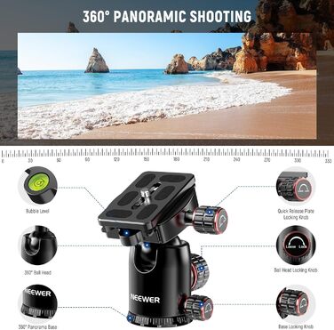 Штатив для камери NEEWER з моноподом, 72 дюйми, алюмінієвий, для DSLR/Camcorder, 360° кульковий шарнір, QR-платформа Arca, вантажопідйомність 15 кг, тканина для чищення