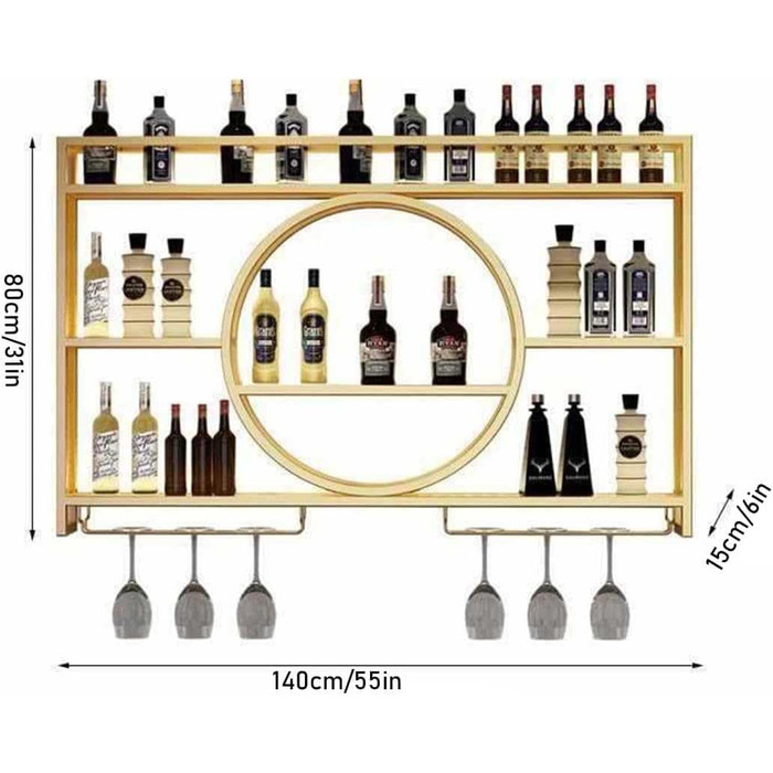 Металева вітрина для вина на стіну, кругла, 140x15x80 см, золото. Підійде для бару, ресторану, дому. Багатофункціональна полиця для зберігання.