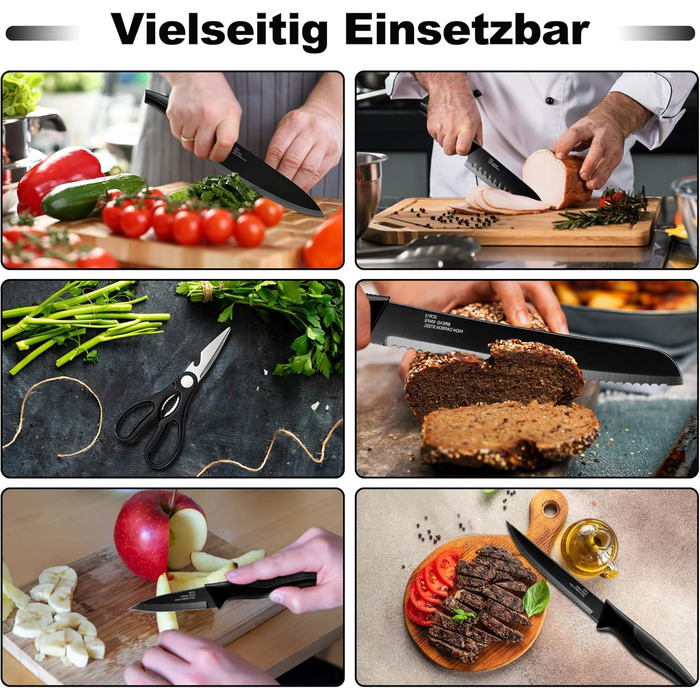 Набір ножів Joyfair 15 предметів з підставкою, з високоякісної нержавіючої сталі, з точильним каменем, кухонний набір з кухонним ножем, ножем для хліба, ножицями та ножами для нарізки та подрібнення, чорний