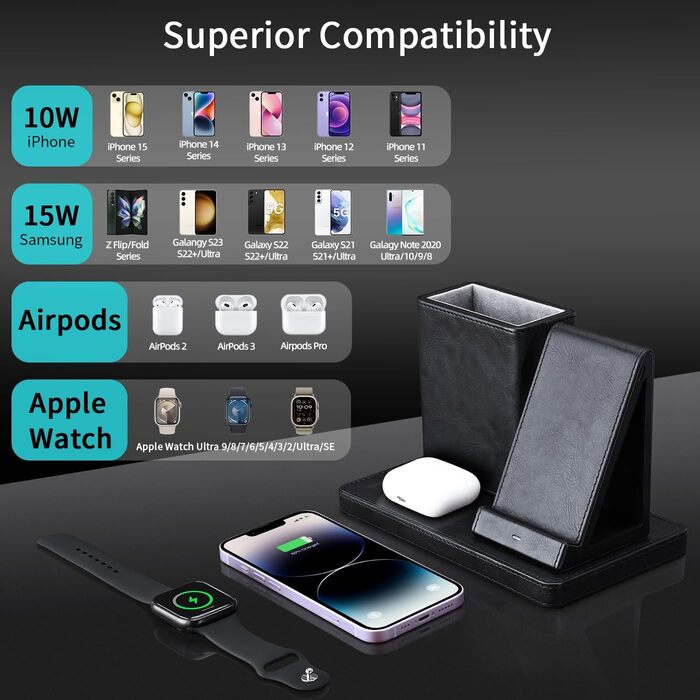 KINGFOM 3-в-1 Індукційна Зарядна Станція: для iPhone, iWatch, AirPods - Чорний