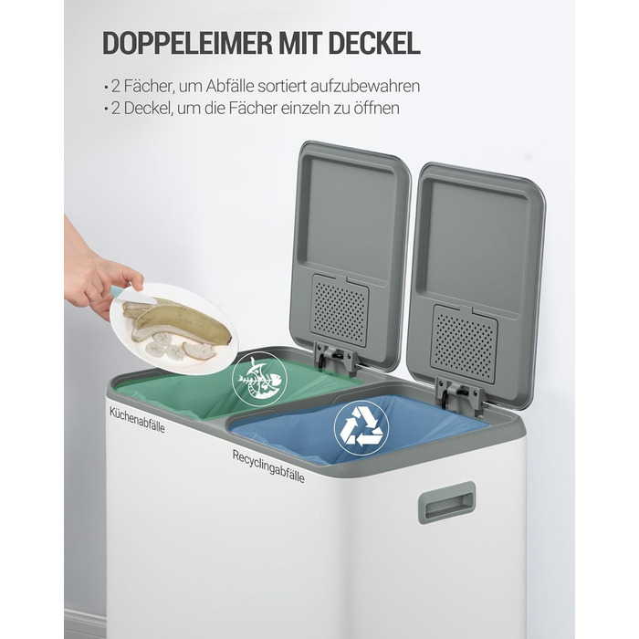 Відро для сміття з сортуванням 60 л, нержавіюча сталь, з педаллю, 2 відділення, SW06099E (біле)