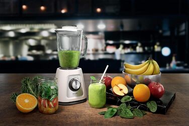 Krups KB4351 Blendforce+ Stand Mixer | 800 W | 1.75L Heat-Resistant Glass Jar | 6 Blades with Powelix | 2 Speeds + Pulse | Ice Crush Function | Smart Lock Technology | White Plastic