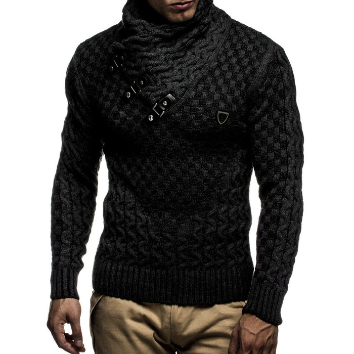 Чоловічий в'язаний светр Leif Nelson з коміром-шарфом / Якісний зимовий светр Regular Fit, ідеальний для повсякденного та ділового стилю, доступний у різних розмірах та кольорах (M, Чорний, Антрацит)