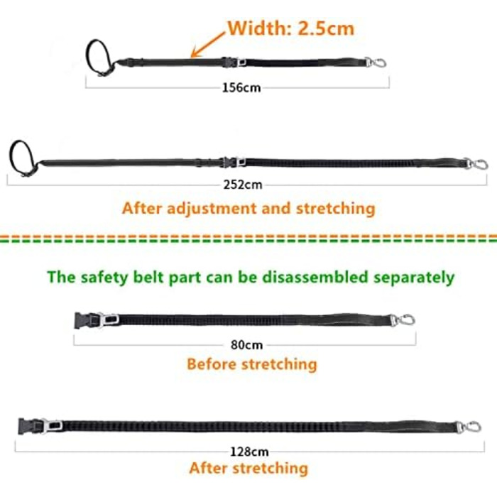 Поводок для собак YankMooM 6-в-1: багатофункціональний, регульований, з надійним амортизатором. Підходить для бігу, прогулянок, тренувань, поїздок в авто з собаками середніх та великих порід. Включає автомобільний ремінь безпеки (1,5 - 2,4 м)