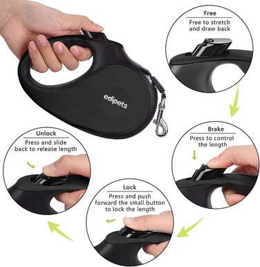 Hundeleine Edipets висувна, 5 м, нейлон, 360°, для собак малого, середнього та великого розміру (Чорний, M)
