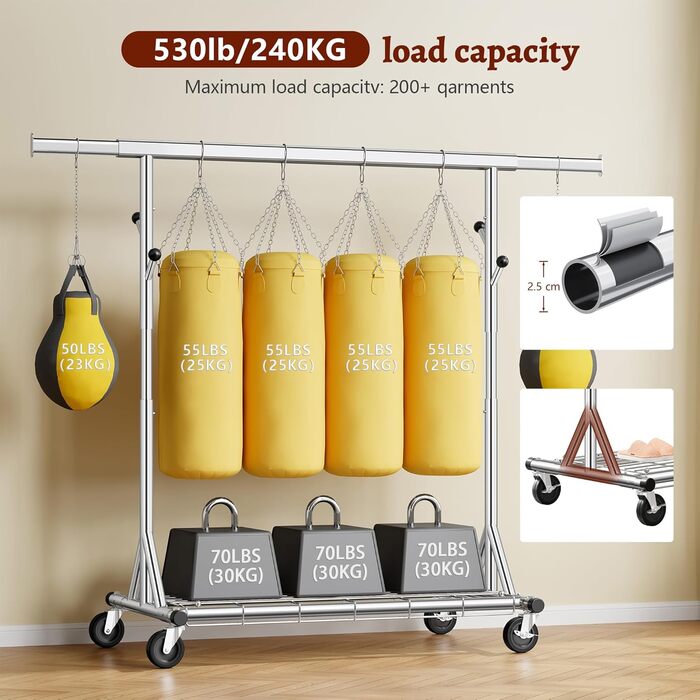 Стійка для одягу на колесах FAVOOOSTY, металева, мобільна, до 200 кг, швидка установка, срібна