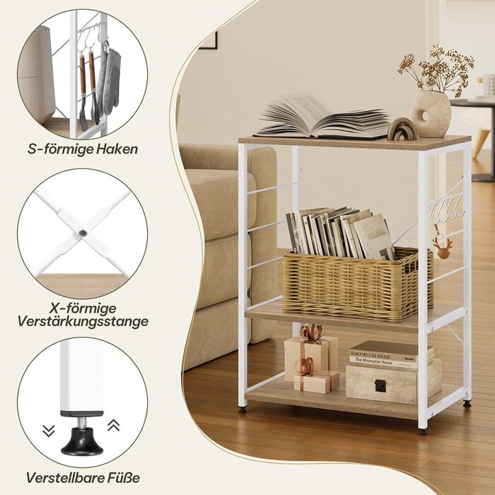 Kitchen Shelf, Microwave Shelf with 4 Hooks, Baking Shelf with 3 Tiers, Storage Shelf for Kitchen, Cafe, Living Room, Bathroom, 60 x 82 x 40 cm, Light Oak + White