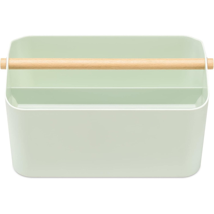 Navaris Storage Box with Wooden Handle - 2 Compartment Box Organizer for Bathroom Kitchen - Basket Storage for Cutlery Cleaning Supplies Portable Small - mint green