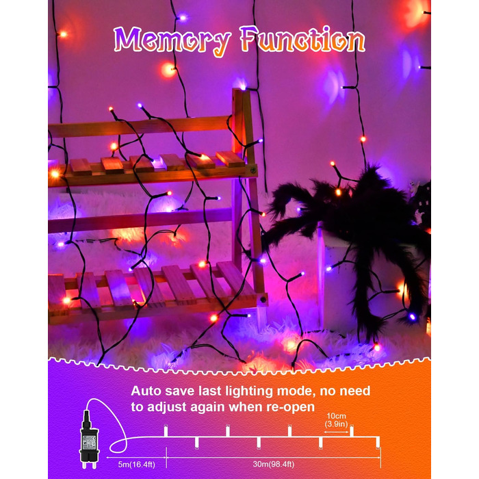 Гірлянда на Хелловін, 30м, 300 LED, оранжево-фіолетова, з функцією пам'яті та таймером, 8 режимів освітлення, вологостійка, для декорування інтер'єру та екстер'єру