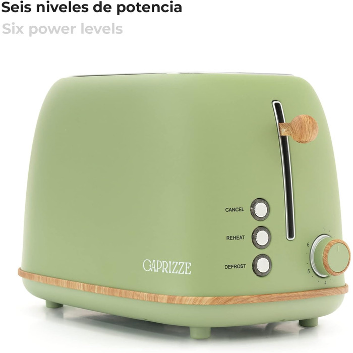Тостер Kaito з широким подвійним слотом, 3,8 см та 13,5 см, 6 рівнів підсмажування, вінтажний дизайн, ефект дерева, матово-зелений колір