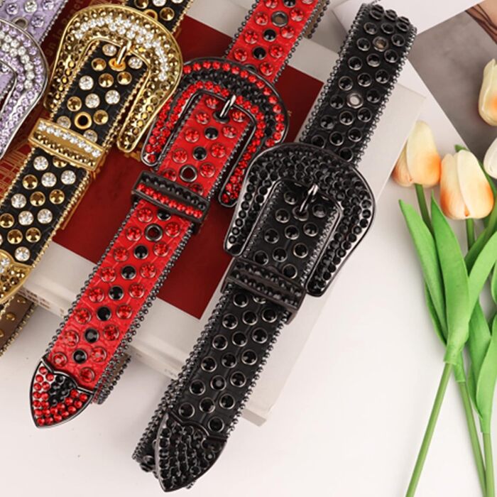 Жіночий та чоловічий шкіряний пряжка з стразами, ковбойський/ковбойський пояс з діамантами, пояс з пряжкою з заклепками для джинсів, червоний, розмір 38-40