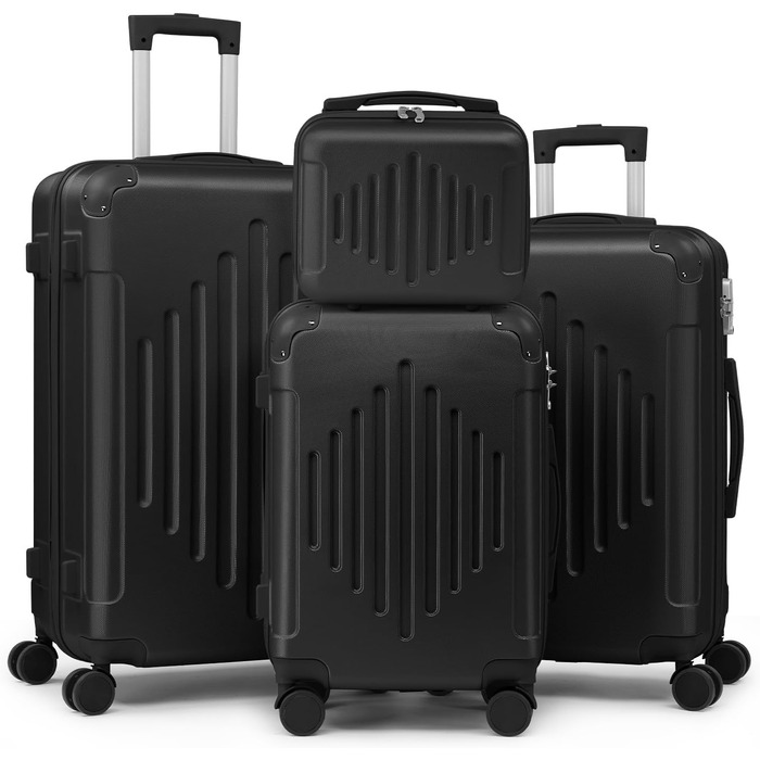 Набір валіз LEADZM 4 шт. з косметичкою, посилені кути, ABS, телескопічна ручка, ручна поклажа (Чорний)