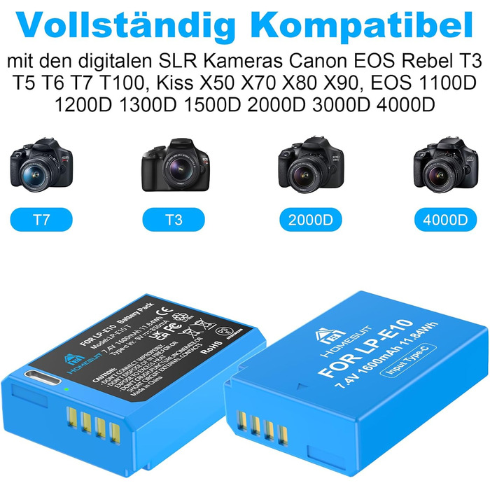 Акумулятор Homesuit LP-E10 1600mAh та LED-зарядний пристрій для Canon EOS 1100D, 1200D, 1300D, 2000D, Rebel T3, T5, T6, T7, Kiss X50, Kiss X70 (2 шт.)