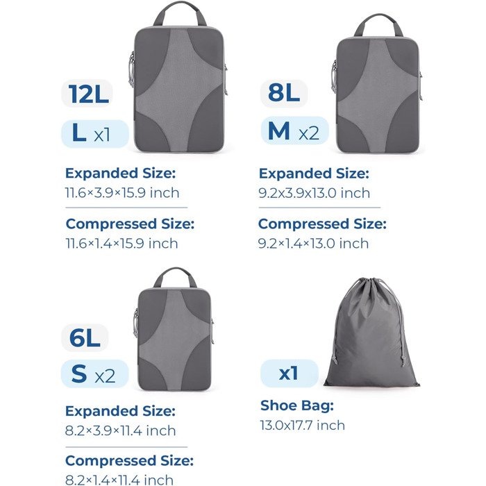 BAGSMART Набір органайзерів для одягу 6 шт. Packtaschen, компресійні кубики для подорожей, мішки для брудної білизни, рюкзак, валіза