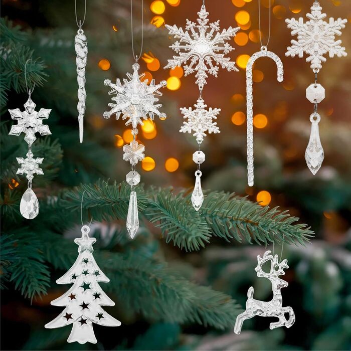 Anstore 30 Pcs Acrylic Ice Stick Snowflake Dangle Charms, Christmas Tree Crystal Decorations, Christmas Tree Ornaments Snowflake Hanging Winter Decorations for Party Wedding Christmas Decorations Transparent
