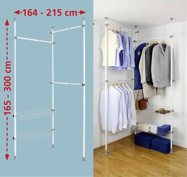 WENKO Telescopic System Hercules Duo, 3 Clothes Rails, 2 Storage Baskets, Extendable, Powder-Coated Metal, 164-215 x 165-300 x 38 cm, Matt (White, Single)