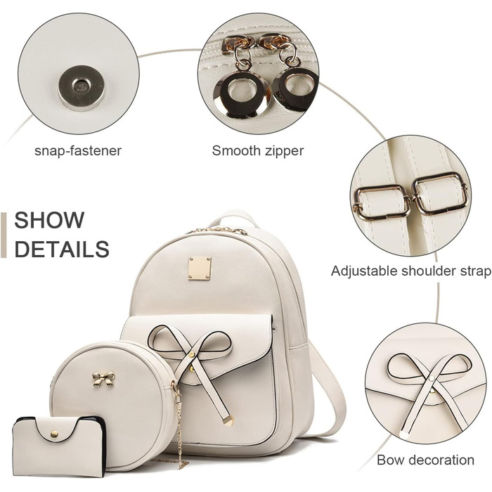 Жіночий рюкзак з PU шкіри: стильний щоденний рюкзак для подорожей, школи, роботи. Набір сумок (білий 03)