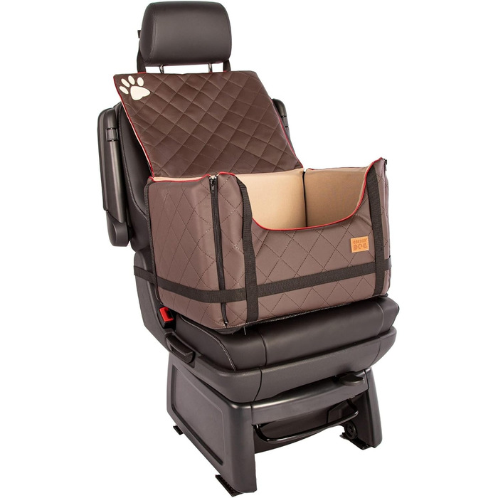 Автомобільний лежак для собак Golden Dog - безпечний транспортувальний бокс з ременями безпеки, 52x44x33 см, коричневий, з водонепроникної шкіри