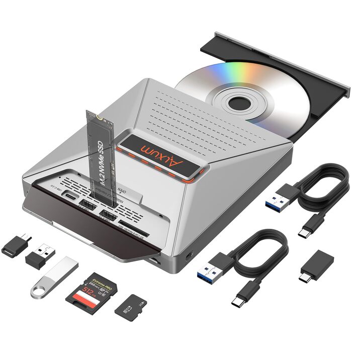 Зовнішній DVD-привід Alxum USB-C 3.0 з картридером SD/TF та додатковим USB-портом для ноутбука, DVD/CD запис та читання, Plug & Play, сірий